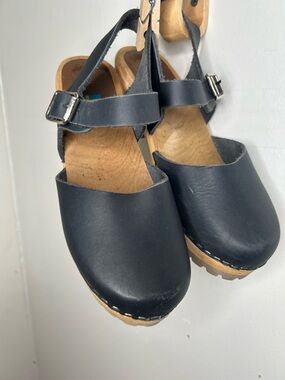 MIA Navy Leather Clogs with Buckle Strap